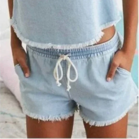 Aerie • Chambray Frayed Jean Shorts With Elastic Drawstring Waist Size Small - Picture 8 of 8